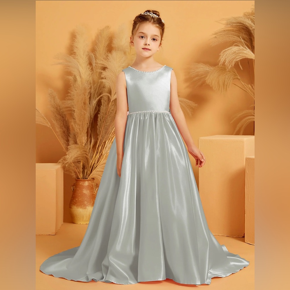 BABARONI Satin Flower Girl Dress - Silver - Picture 2 of 7